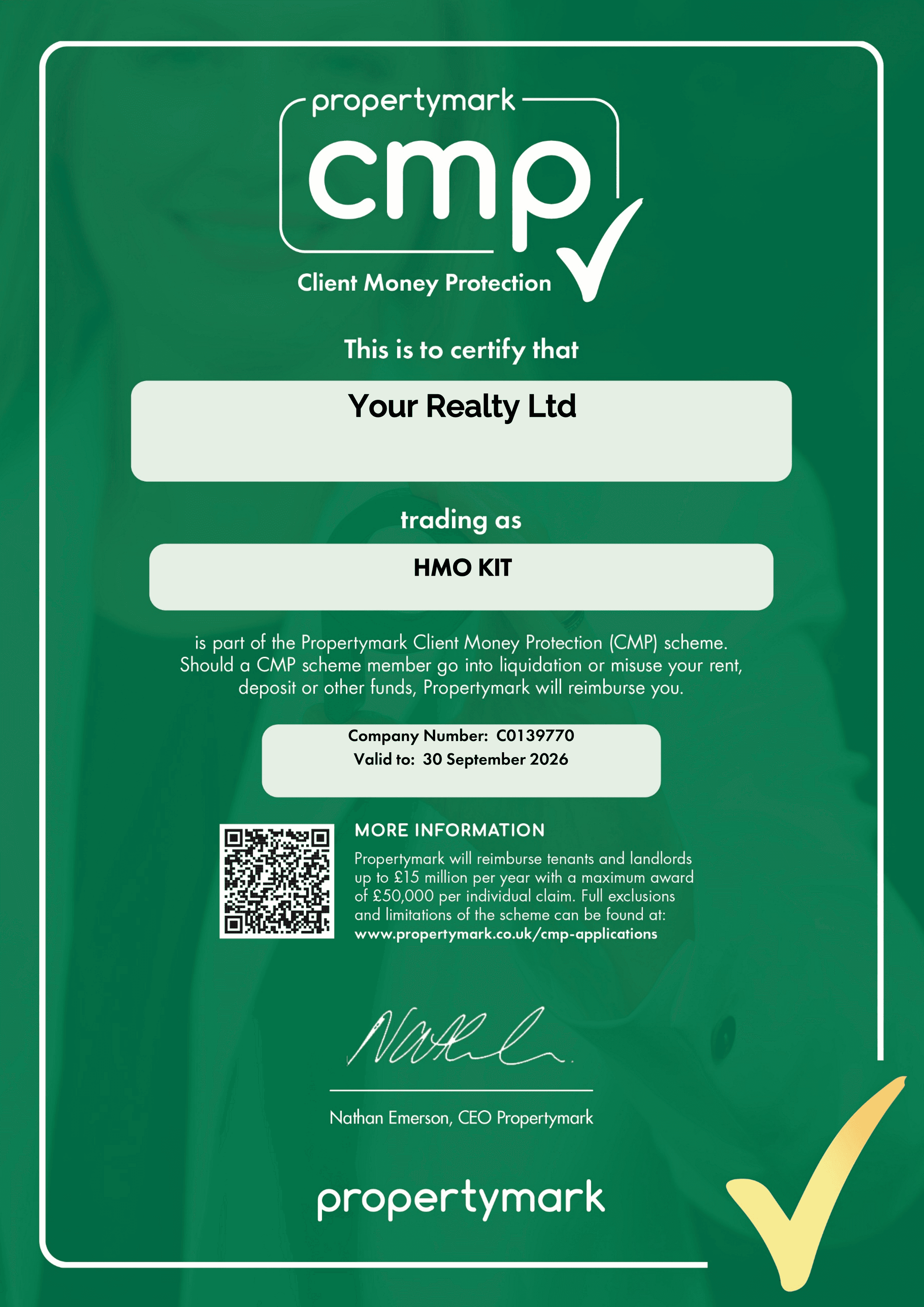 Propertymark Client Money Protection Certificate for Your Realty Ltd