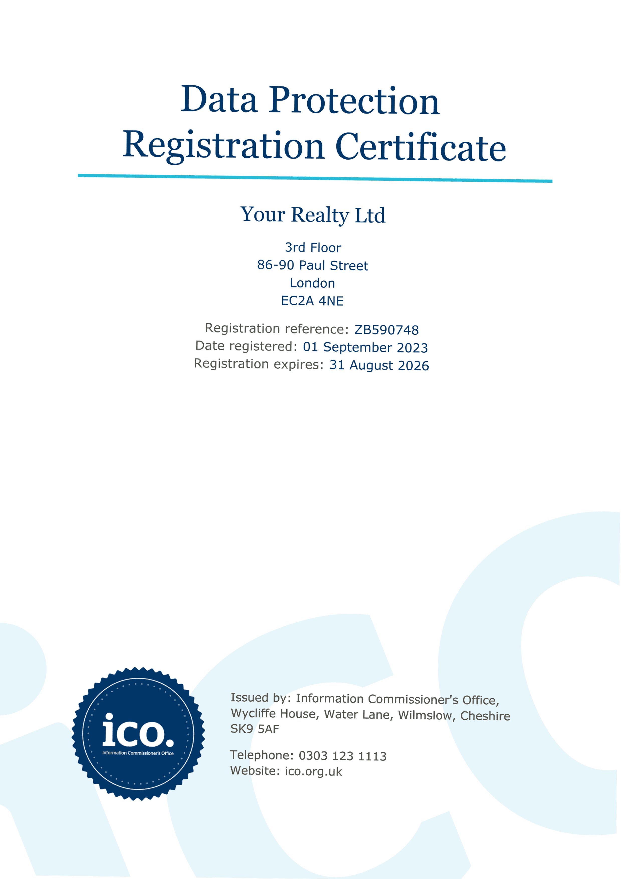 ICO Data Protection Registration Certificate for Your Realty Ltd